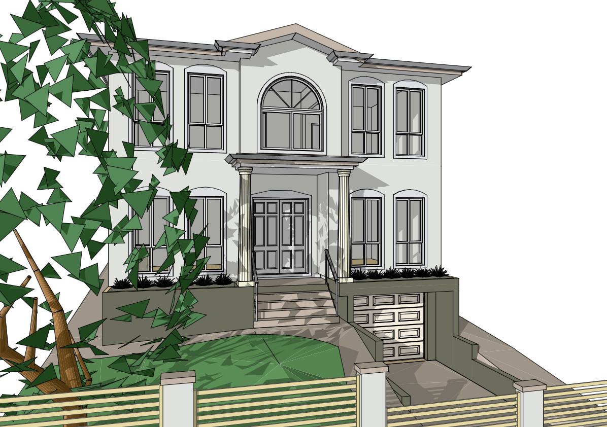 Digital rendering of a two-story house with a front porch supported by two columns, multiple windows including a large arched window above the front door, a driveway with a garage door beneath the house, and a tree with stylized green leaves on the left side.