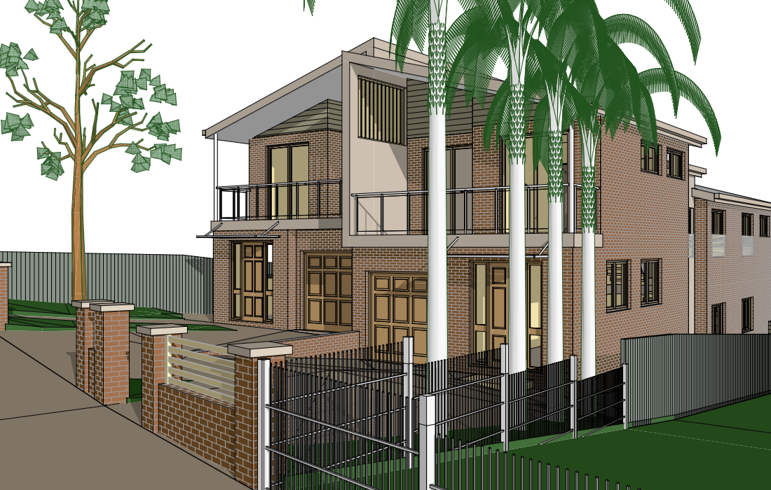 A modern brick house with large windows and balconies, surrounded by trees and a metal fence.