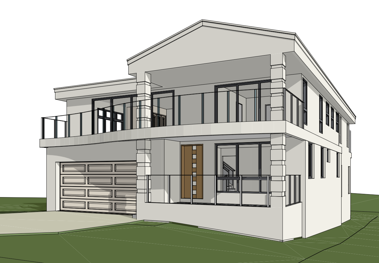 3D architectural rendering of a modern two-story house with a garage, balcony, and glass railing, on a grassy landscape.