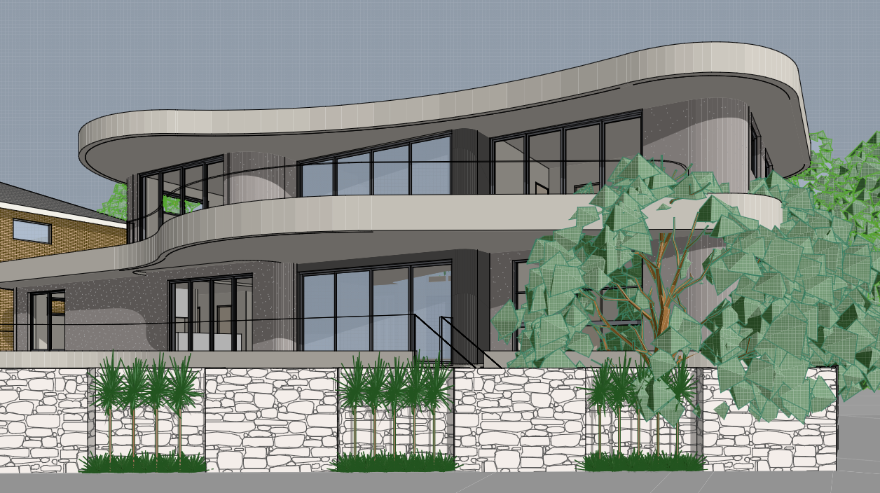 Architectural drawing of a modern two-story house with large glass windows, curved design, surrounded by greenery including trees and plants.