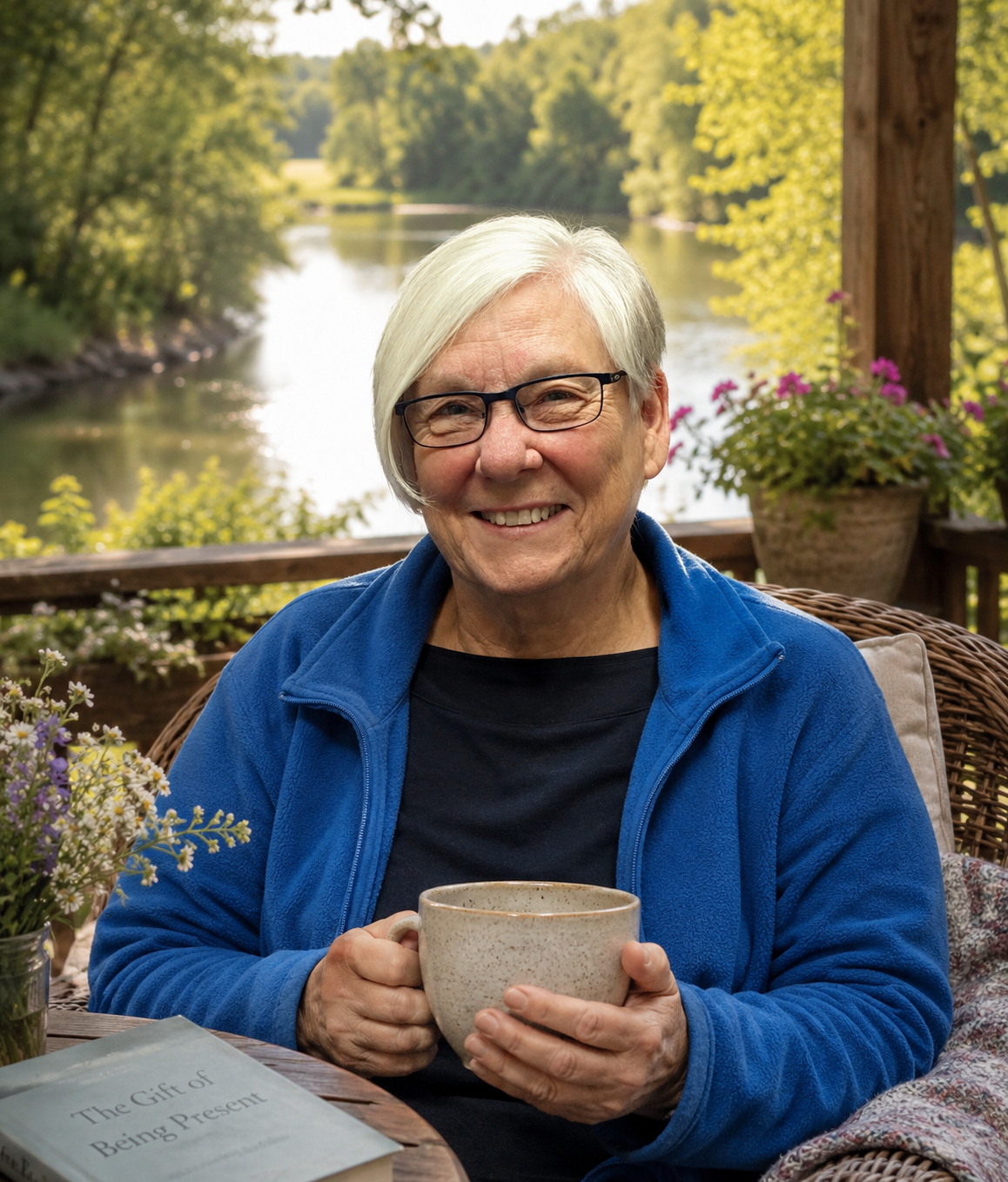 A woman with white hair and glasses smiling, holding a mug, sitting on a porch with a river and trees in the background, and a potted plant with pink flowers nearby.