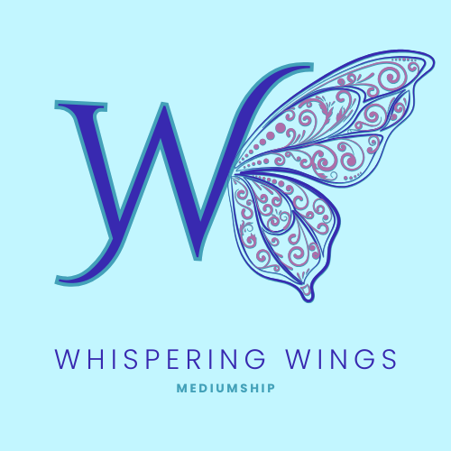Logo for Whispering Wings Mediumship featuring a stylized letter W with a decorative butterfly wing on the right side, set against a light blue background.