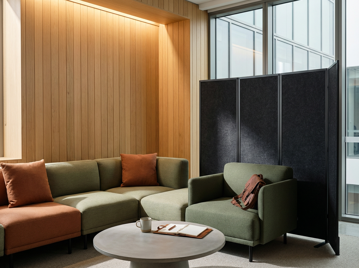 Modern lounge area with green and orange sofas, a round coffee table with a cup and open notebook, and a black room divider, in front of large glass windows with cityscape view.