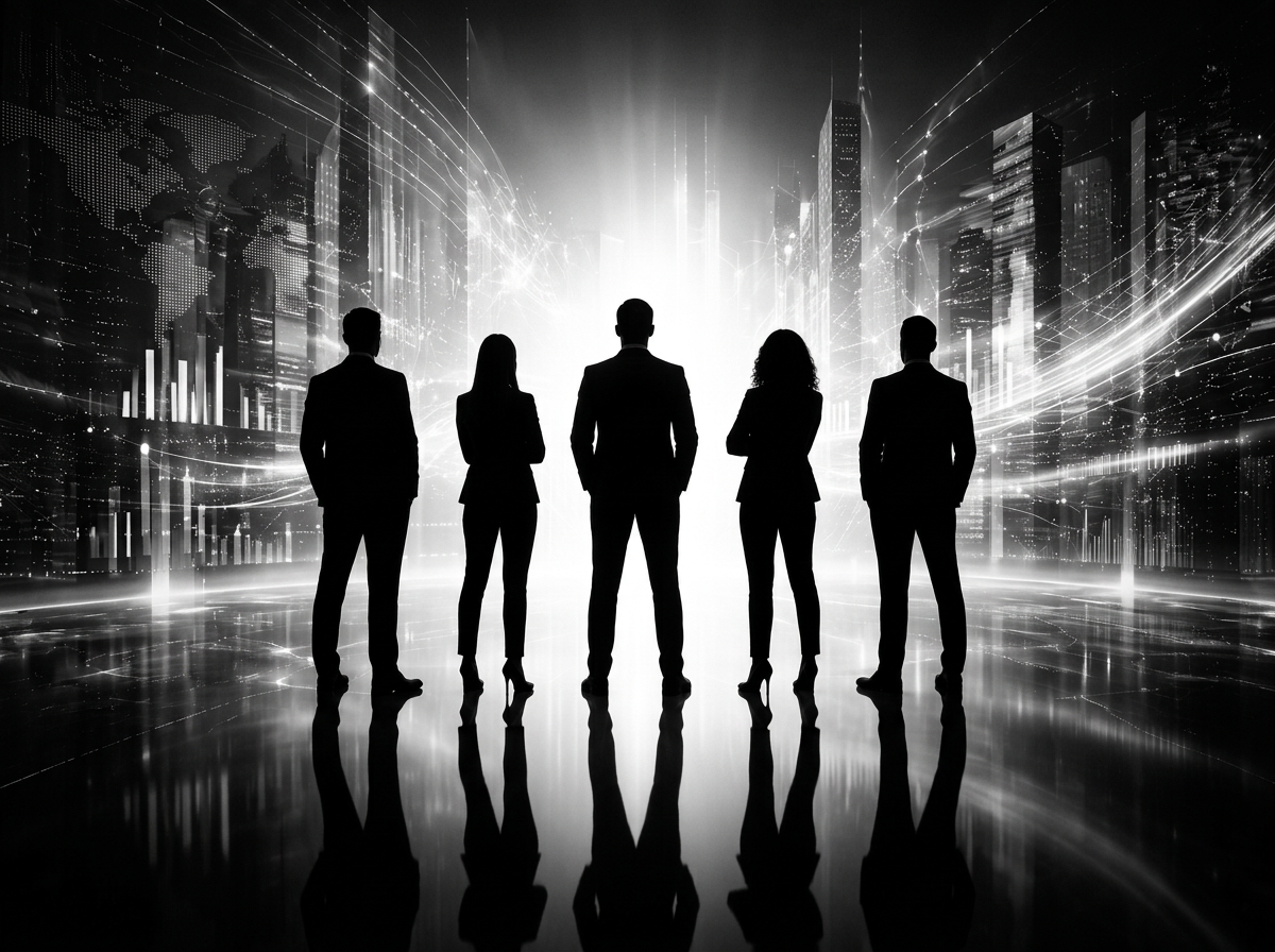 Silhouettes of five business people standing in front of a futuristic cityscape with abstract digital graphics, skyscrapers, and world maps in black and white.