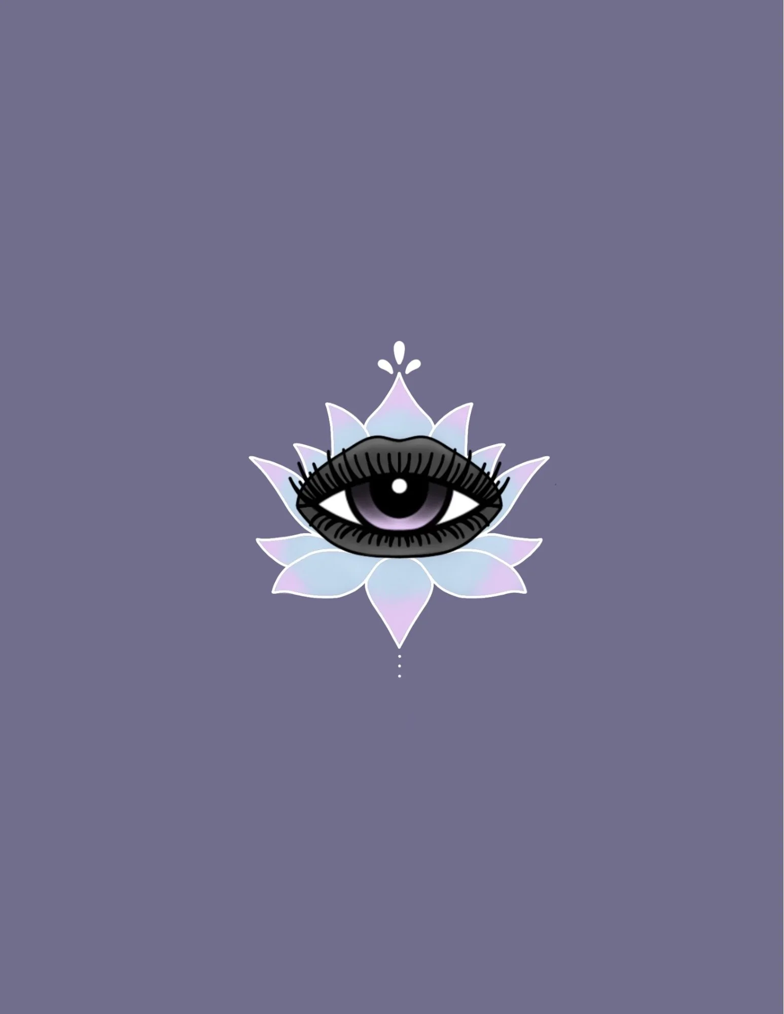 A digital illustration of an eye with eyelashes surrounded by a lotus flower with iridescent petals, set against a plain purple background.