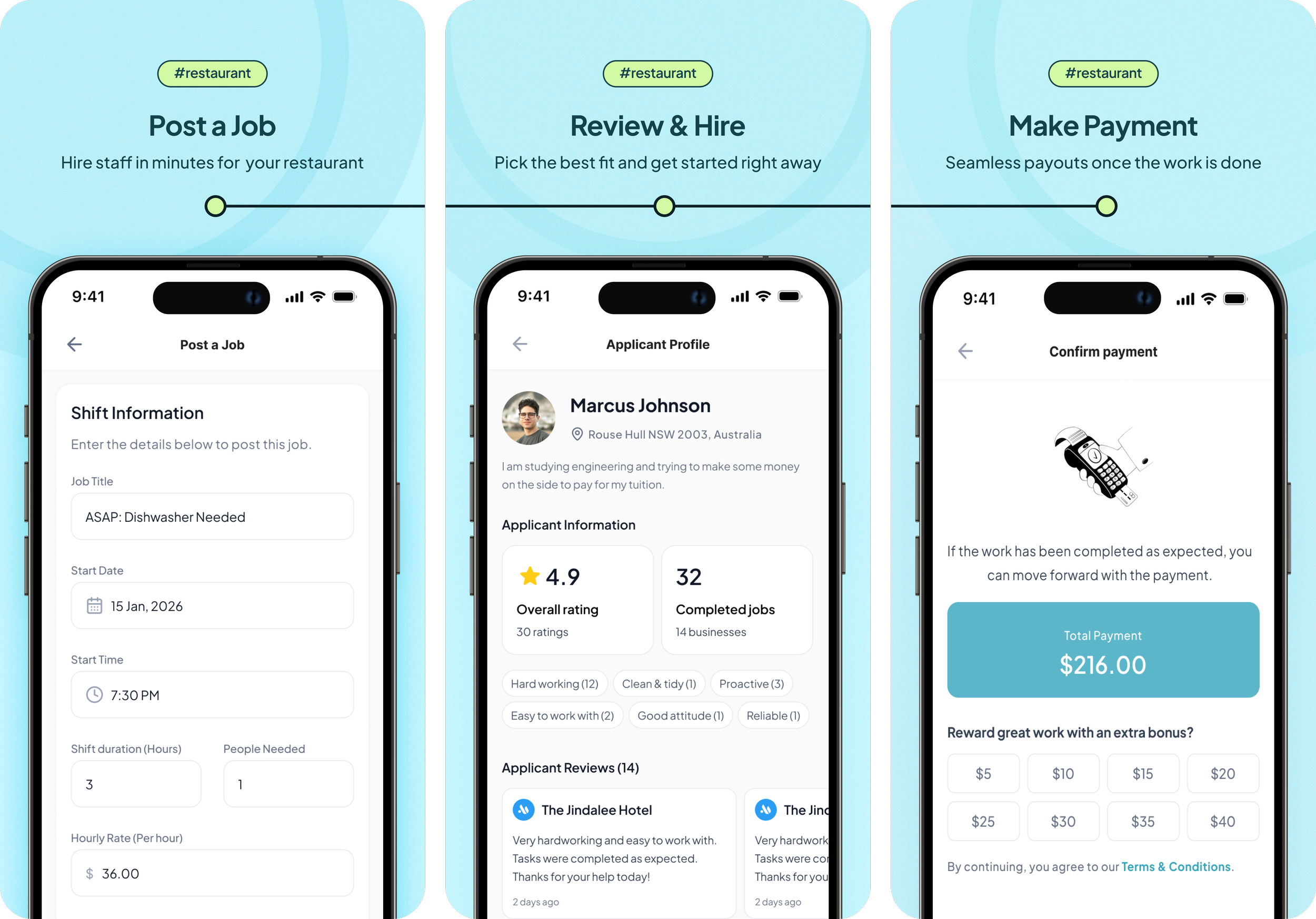 Screenshots of a mobile app interface for a job marketplace platform, showing steps to post a job, review and hire, and make payment. The app displays form fields, applicant profile, reviews, and payment confirmation.