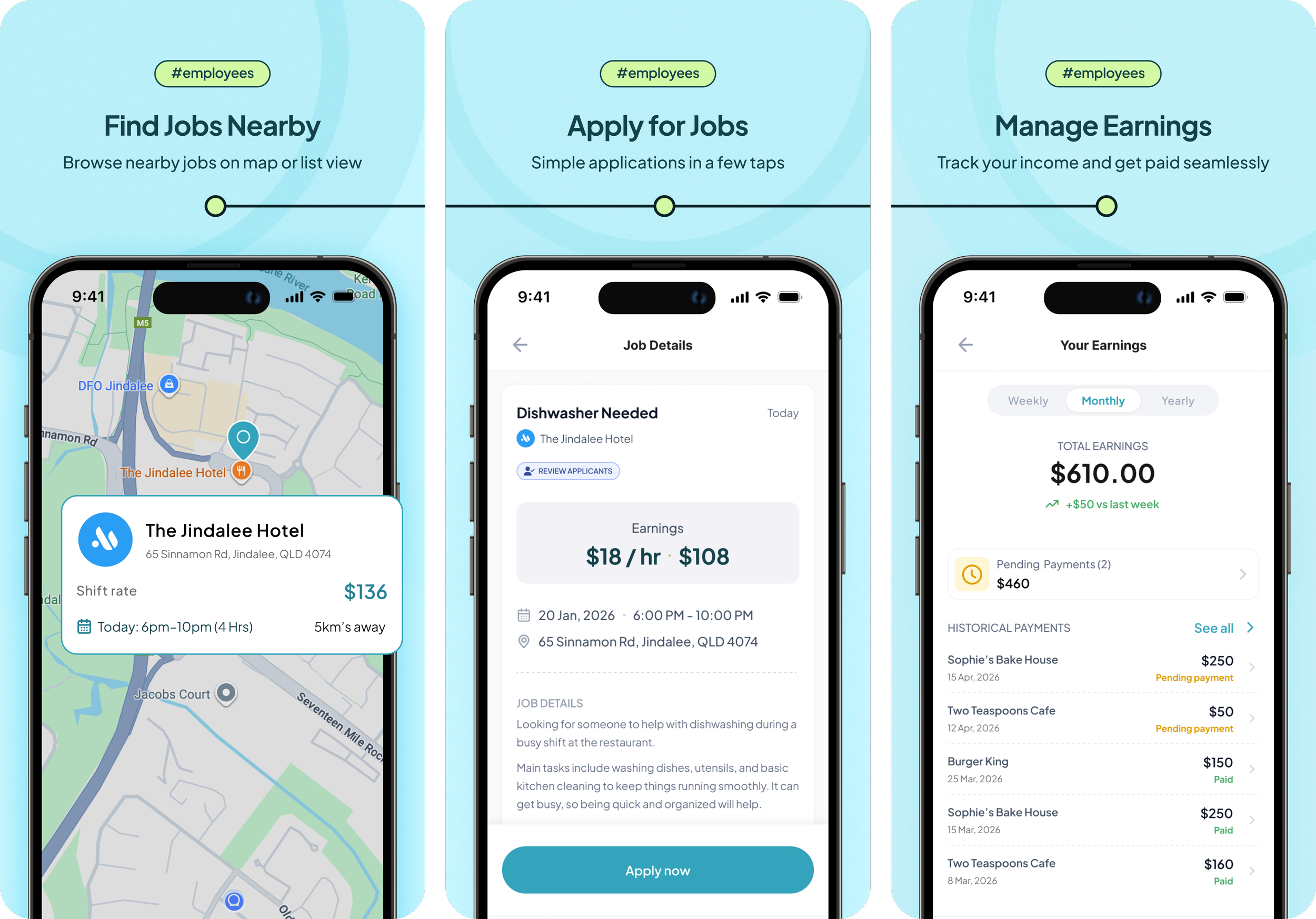 Screenshots of a mobile app interface for a gig work platform showing steps to find nearby jobs, apply for jobs, and manage earnings, including job details, earnings summary, and payment history.
