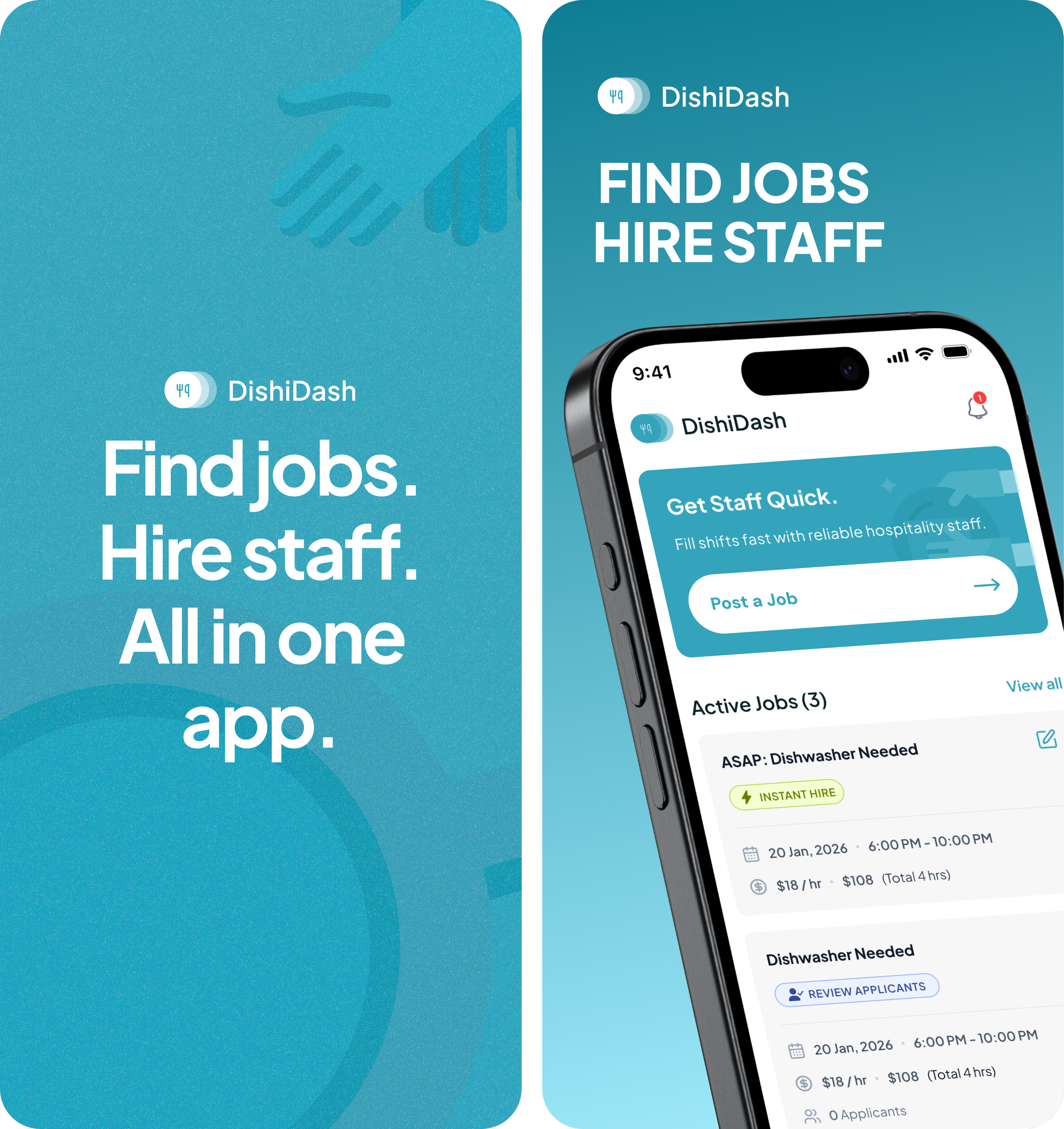 A split-screen image showing the app interface of DishiDash on a smartphone and promotional text behind it. The app interface displays options to find jobs and hire staff, with details of a job posting including date, time, pay rate, and job type. The promotional background emphasizes the app's functionality to find jobs, hire staff, and stay connected, with icons of handshake and job listing.