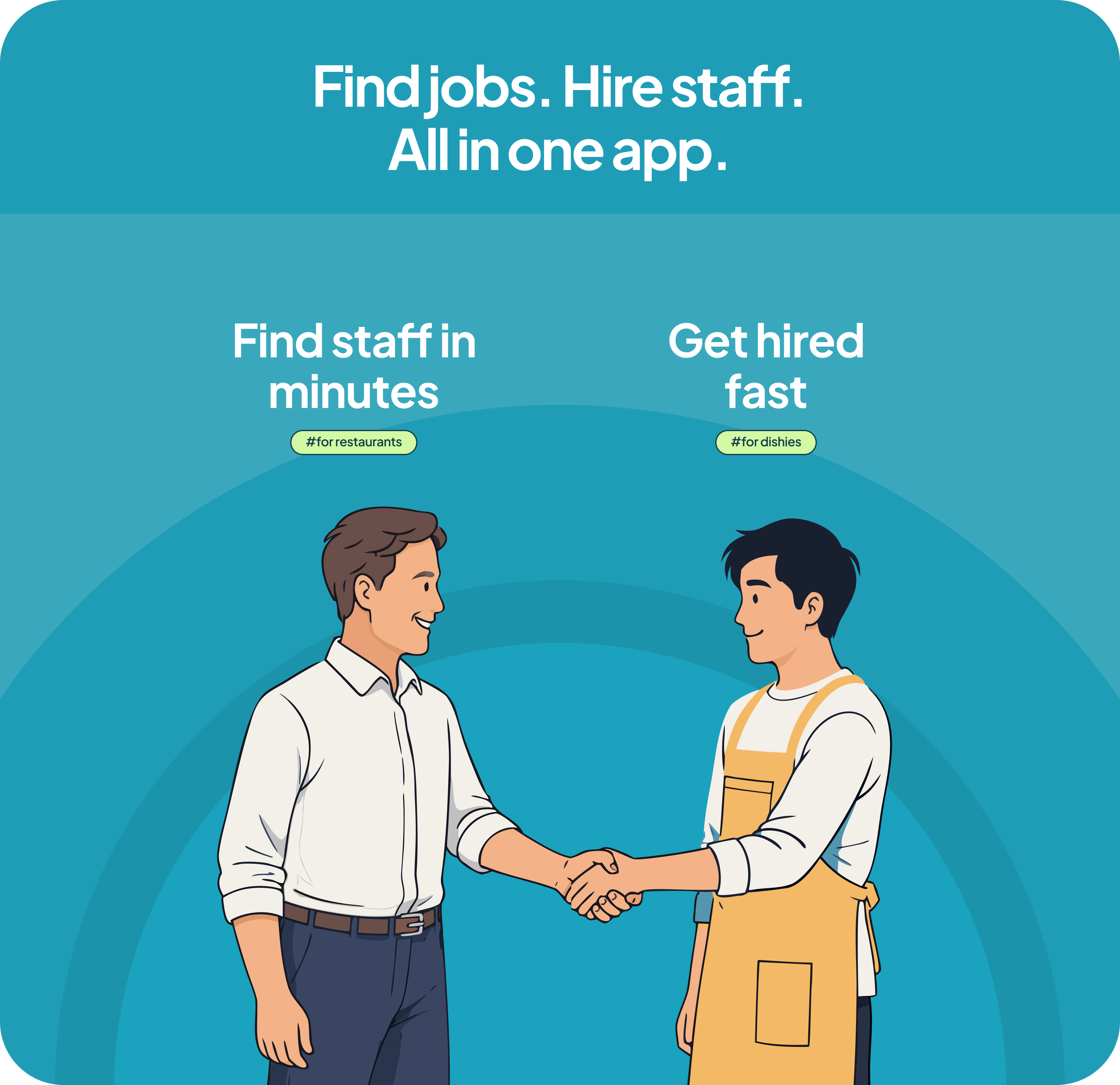 Two men shake hands while smiling at each other. One man wears a white shirt and dark pants, the other wears a yellow apron and striped shirt. The background is blue with text promoting a jobs app.