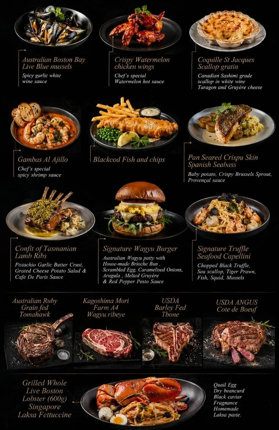 Menu featuring Australian seafood, chicken wings, scallop gratin, shrimp, fish and chips, seabas, lamb ribs, wagyu burger, seafood capellini, various beef steaks, and lobster pasta.