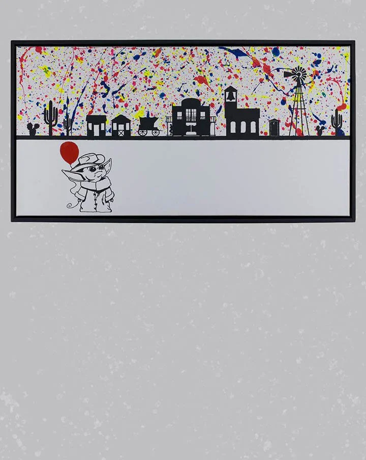 “Grogu in a cowboy hat with his red balloon going to the old west”