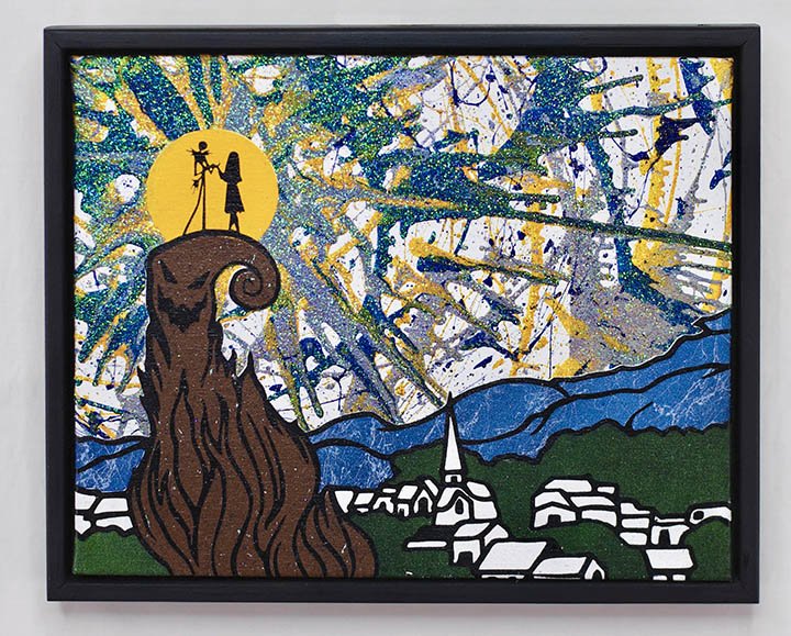 “Jack and Sally on Oogie Boogie, enjoying a Starry Night”
Paint on a 8x10 canvas Panel