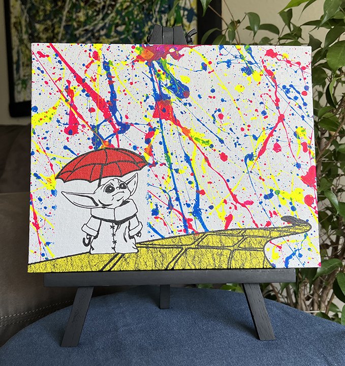 “Grogu with his red umbrella, strolling on the yellow brick road”
Paint on a 8x10 canvas Panel