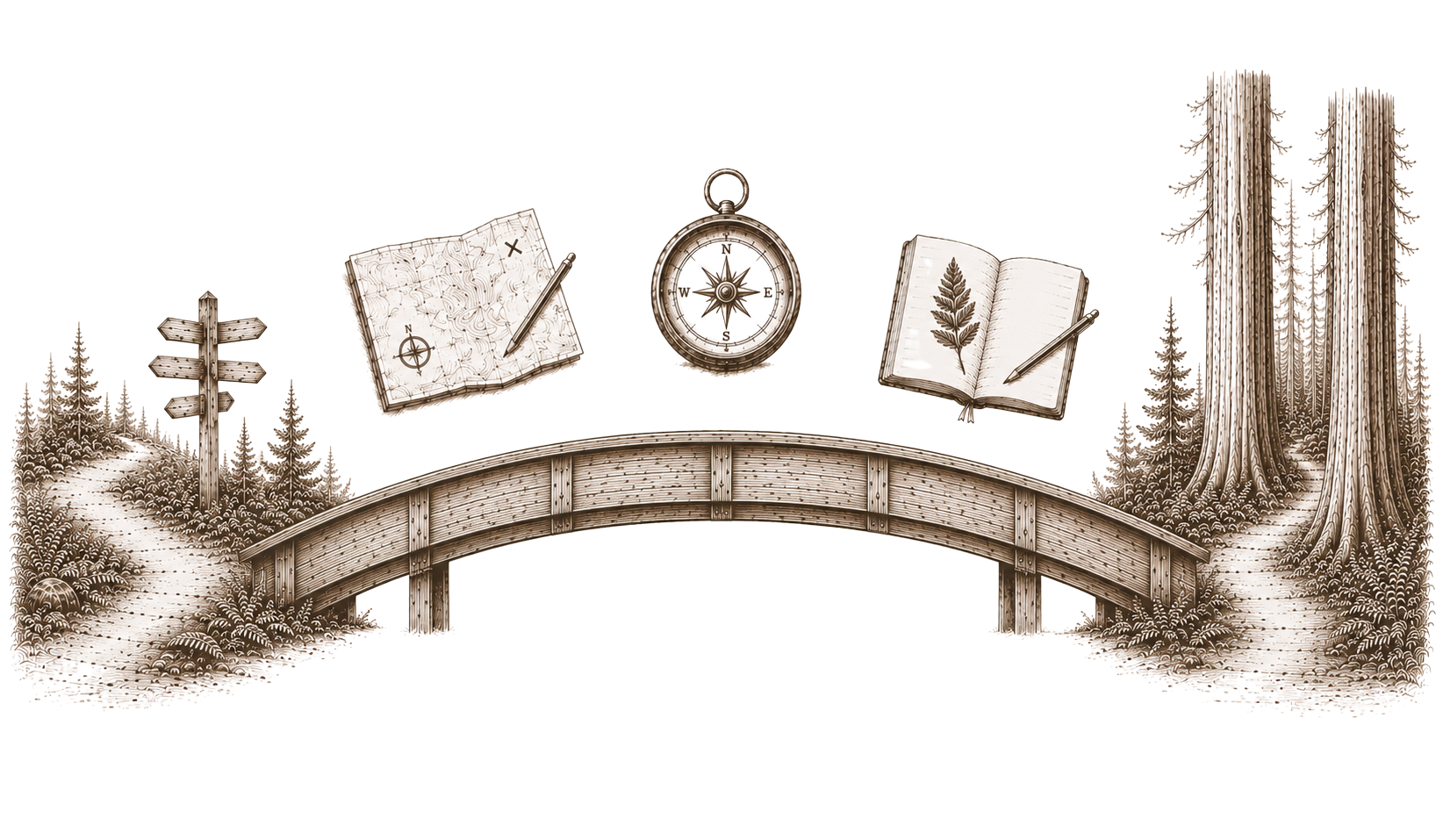 Illustration of a wooden footbridge over a path in a forest, with signposts, a compass, an open notebook with a fern leaf, and another notebook with a pen, all surrounded by large trees.
