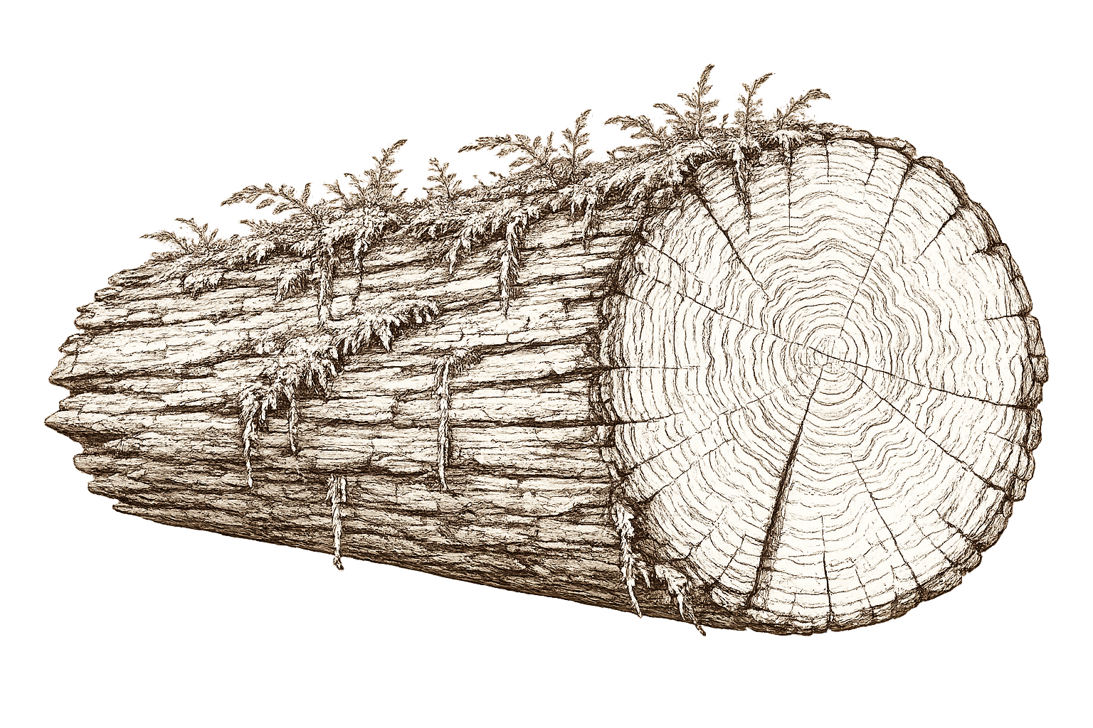 Wooden log with visible rings and rough bark on the outside, isolated on a black background.