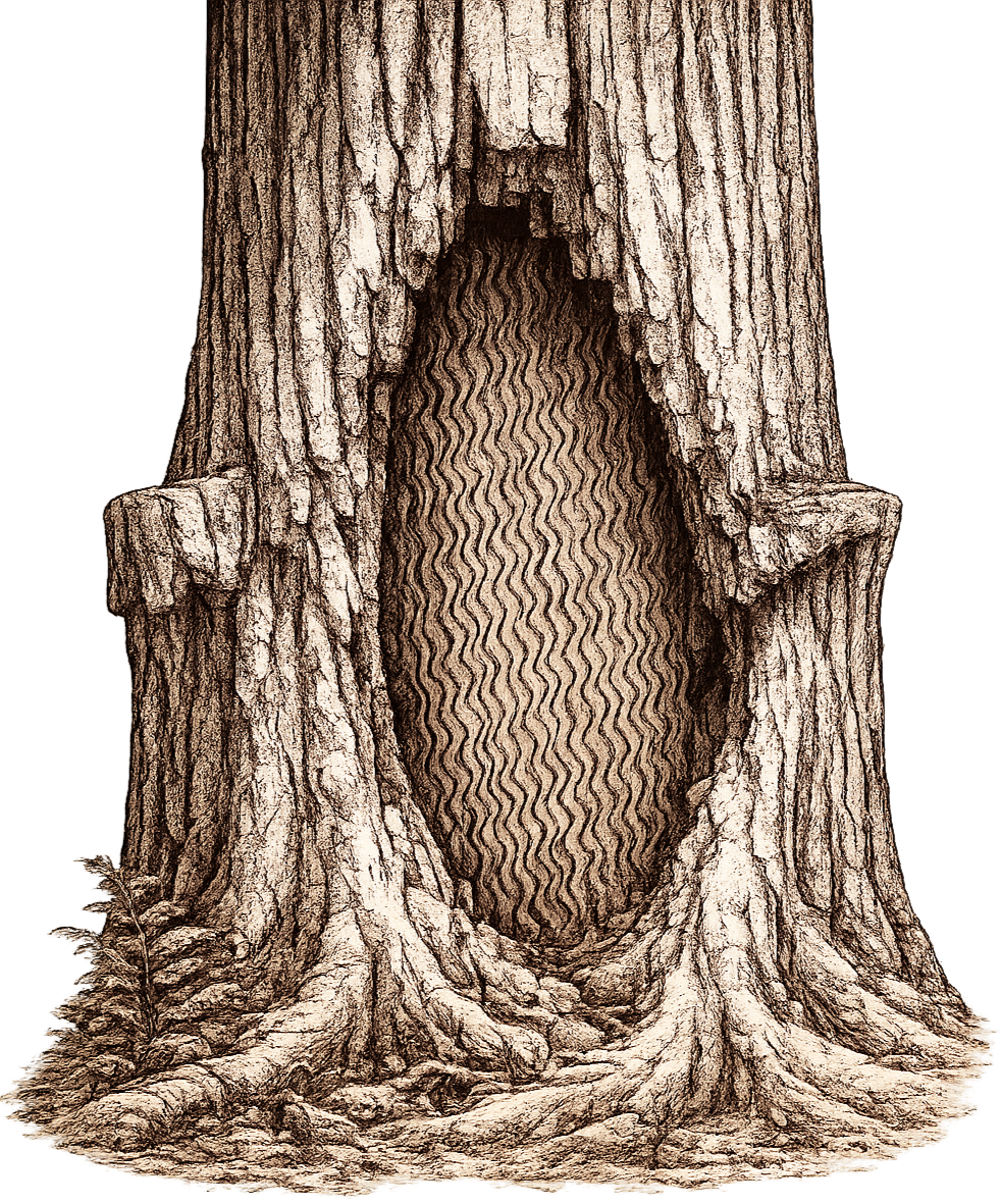 A large tree with a hollow opening in the trunk, revealing a patterned interior that looks like a wood texture.