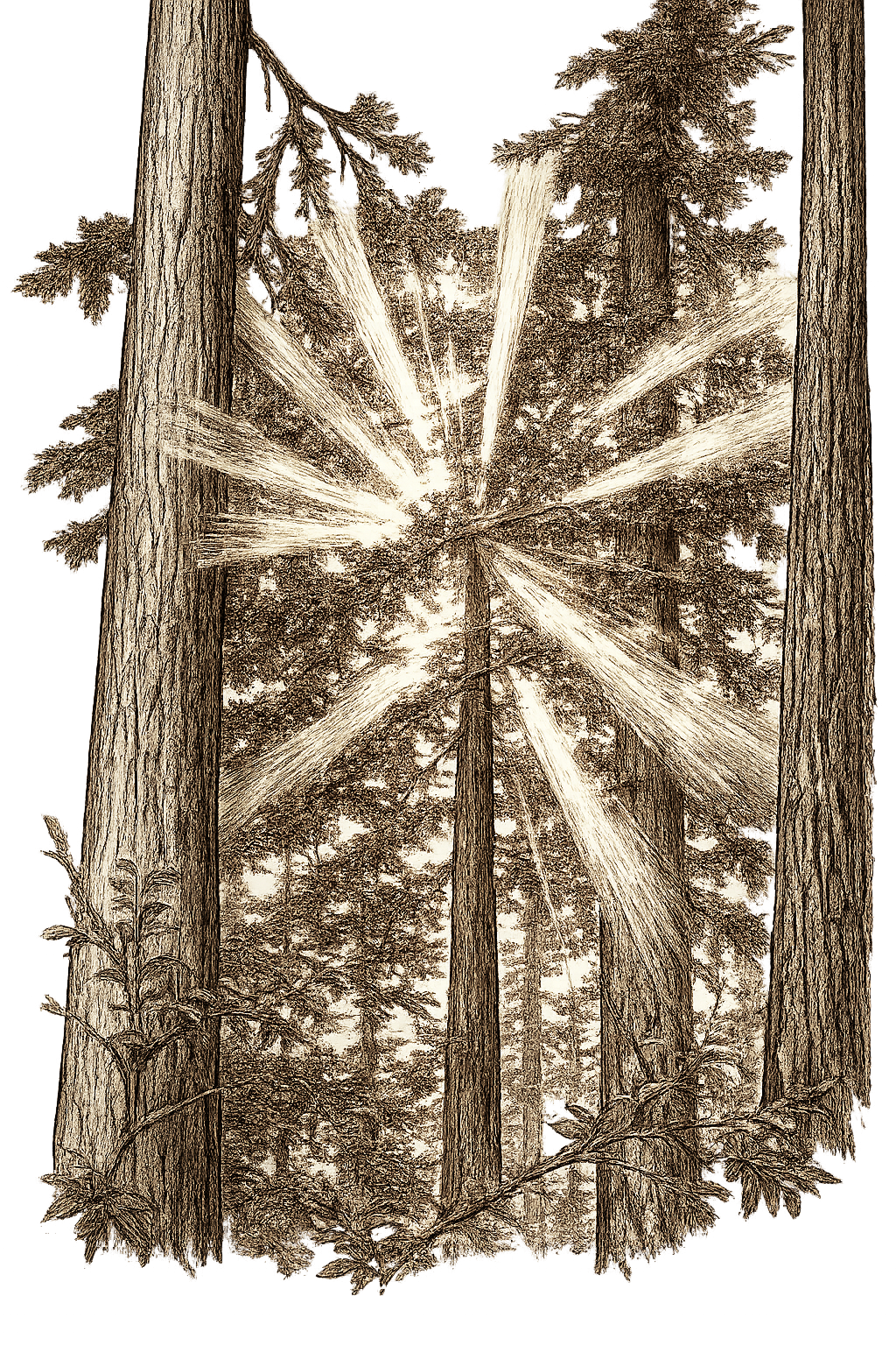 Illustration of tall pine trees with sunlight streaming through the branches, set against a black background.