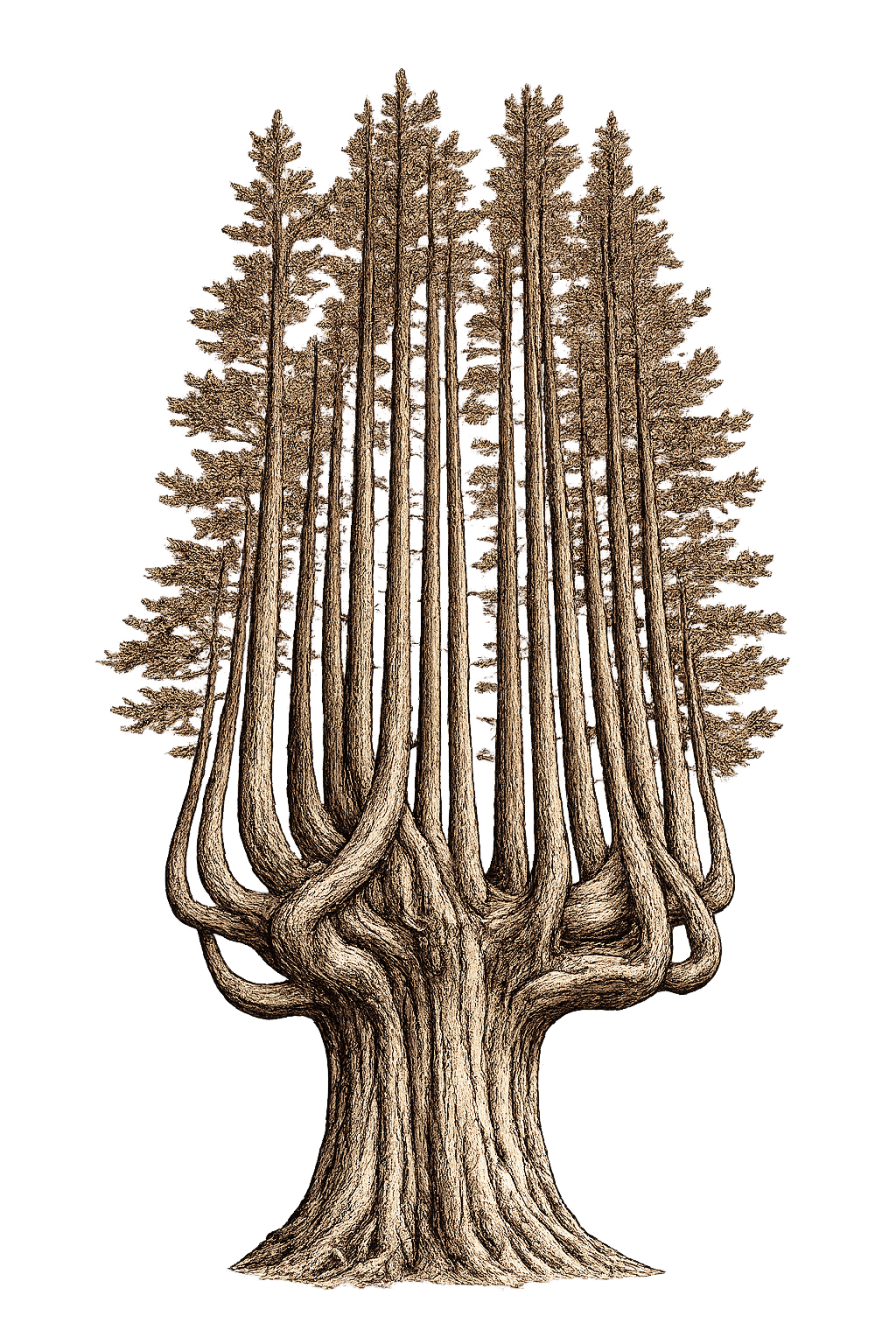 An artistic illustration of a tall tree with multiple straight trunks, with branches and foliage at the top, set against a black background.