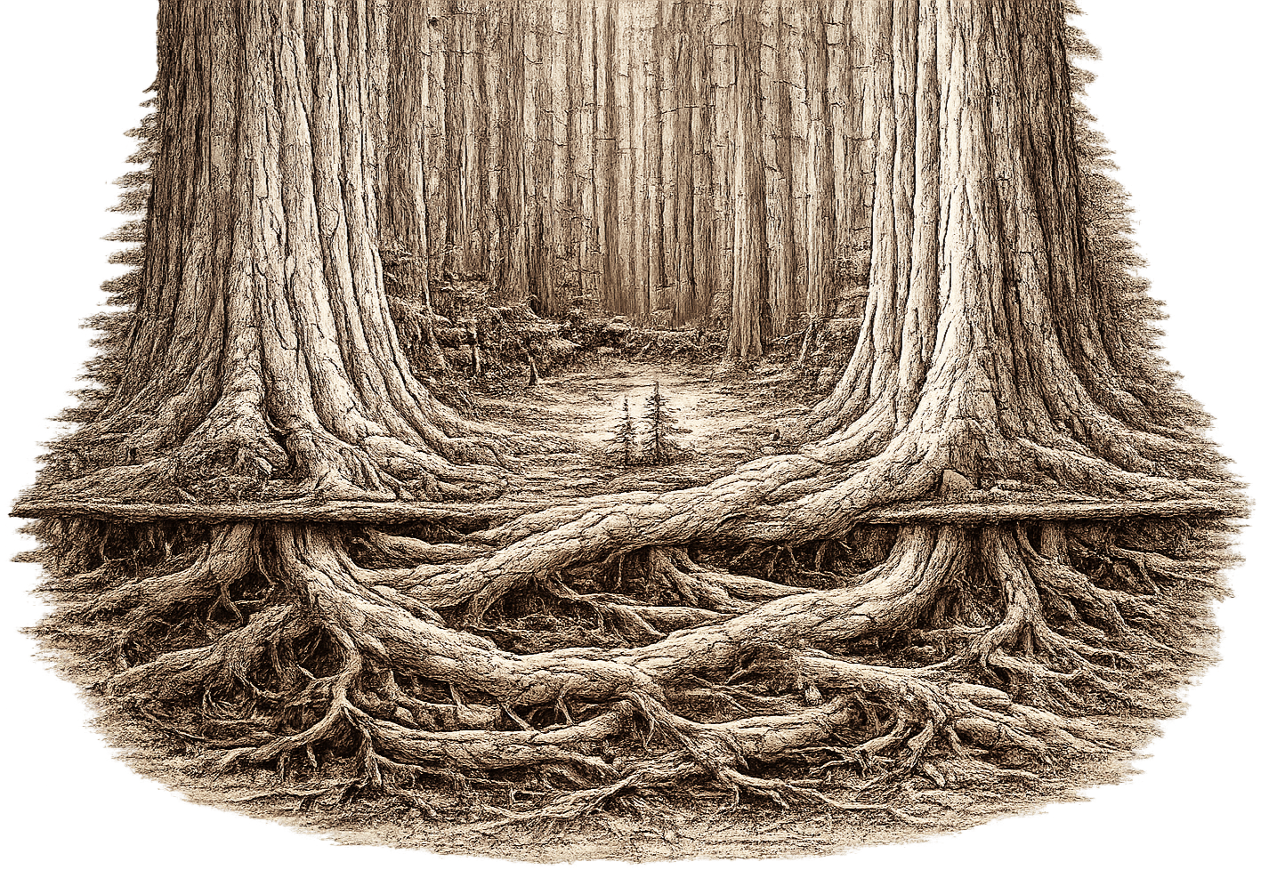 A digital illustration of large tree trunks with prominent roots, with a forest trail receding into the distance.