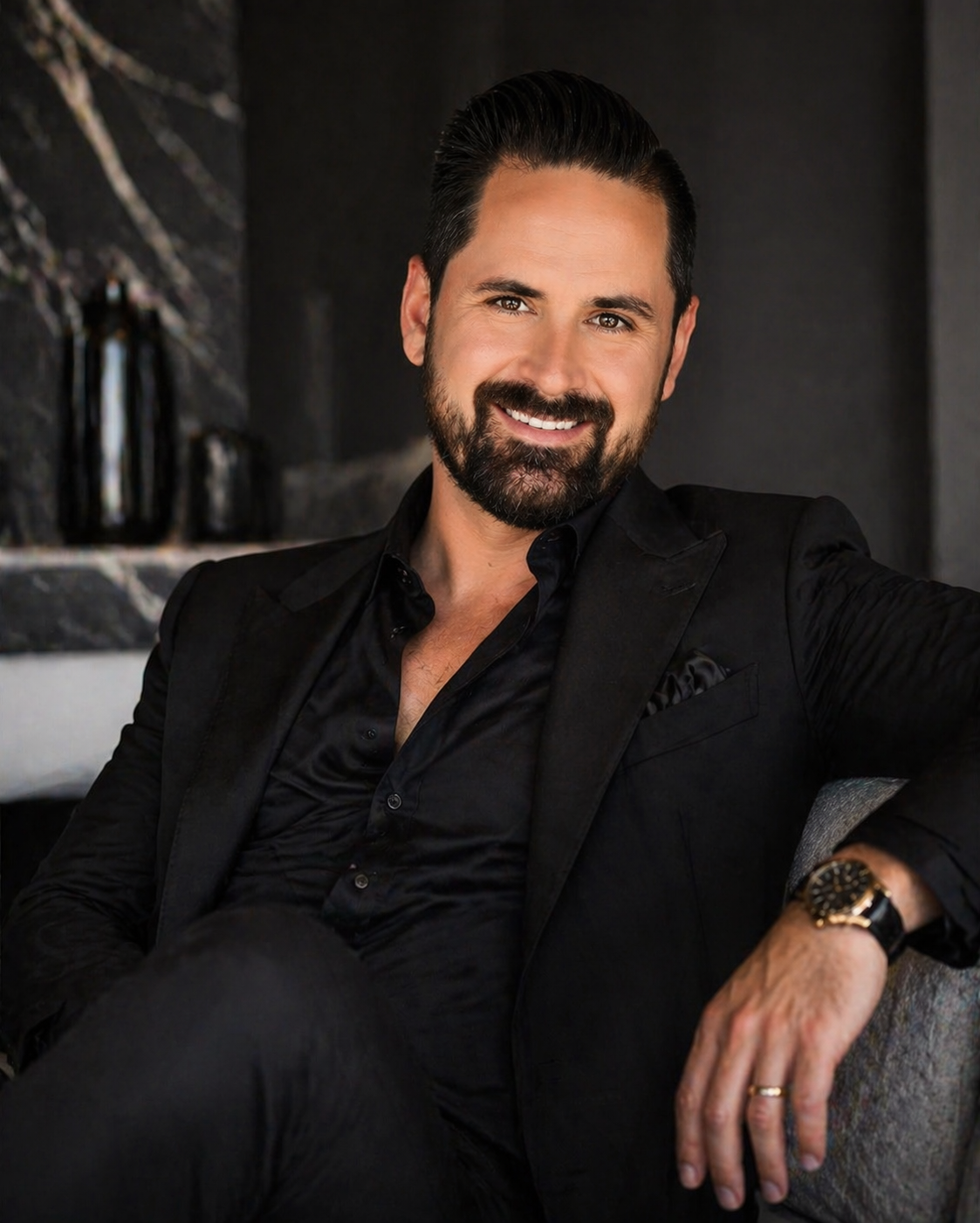 A man with dark hair and a beard, smiling, dressed in a black suit, sitting on a sofa with a dark background.