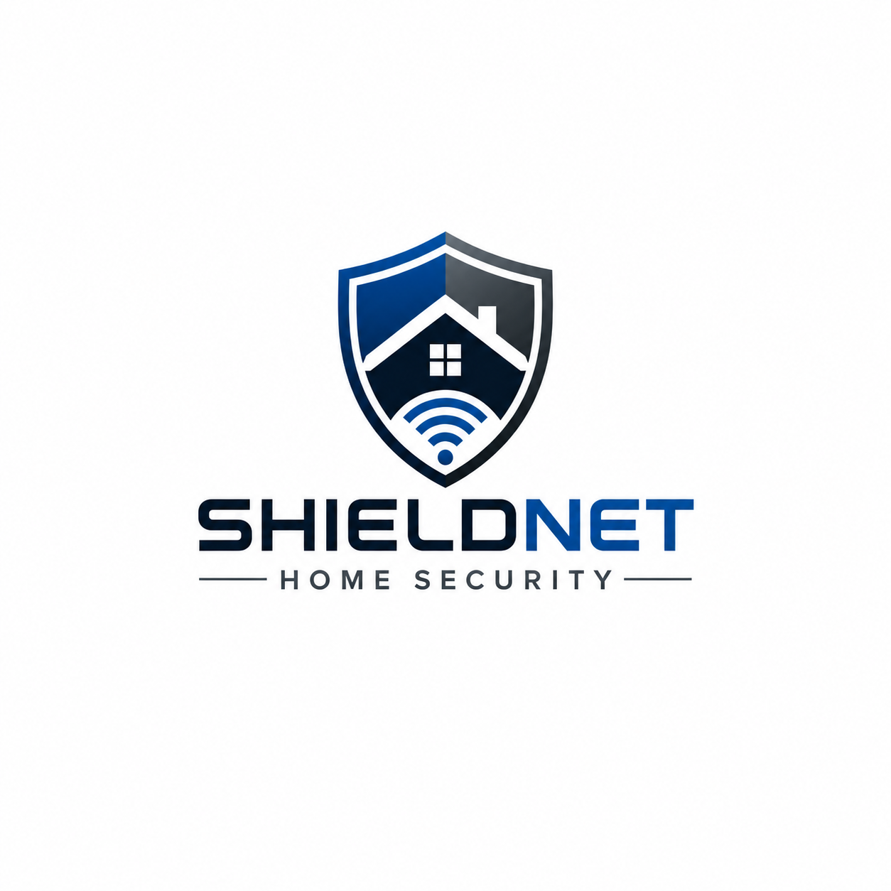 ShieldNet home security logo featuring a house inside a shield with a Wi-Fi symbol, in blue and black colors, with the text 'SHIELDNET' and 'Home Security' beneath.