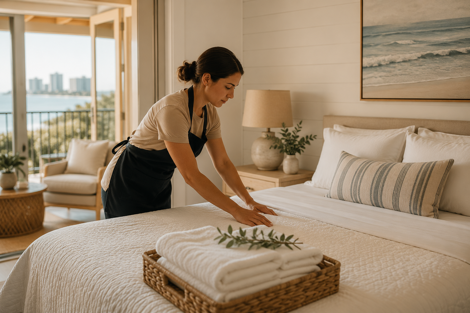 A woman making a bed in a room with a view of the ocean, decorated with beach-themed artwork and plants.