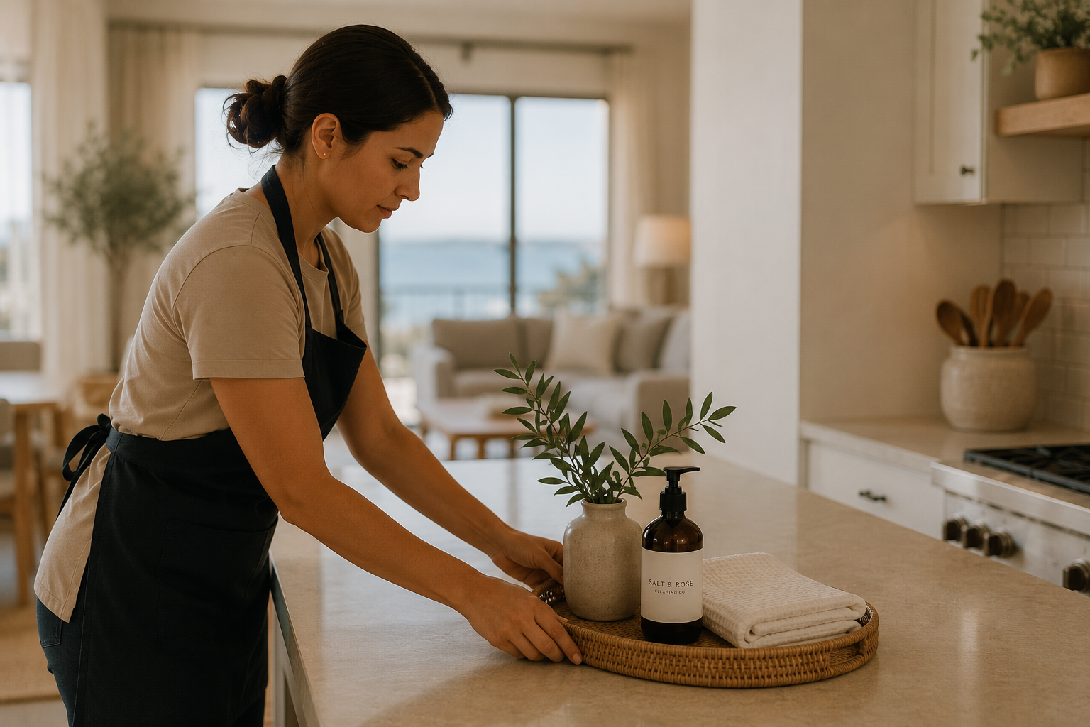 Woman in a beige shirt and black apron arranging a tray with a beige vase holding greenery, a soap dispenser labeled 'Salt & Rose Cleaning Co.', and folded towels on a kitchen countertop.