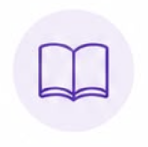 Icon of an open book with purple outline on a light purple background.