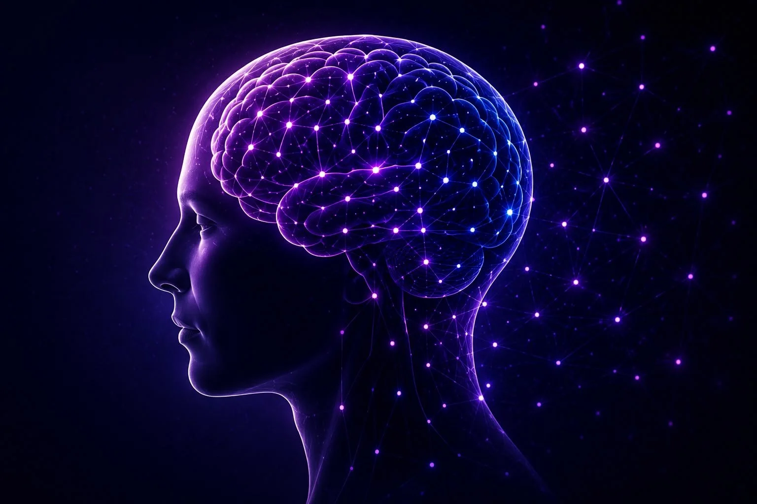 A digital illustration of a human head in profile with an illuminated brain outlined by interconnected glowing purple and blue dots and lines, resembling a neural network.