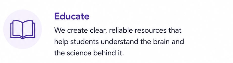 Icon of an open book next to the word 'Educate' and a text paragraph about creating clear, reliable resources to help students understand the brain and science behind it.