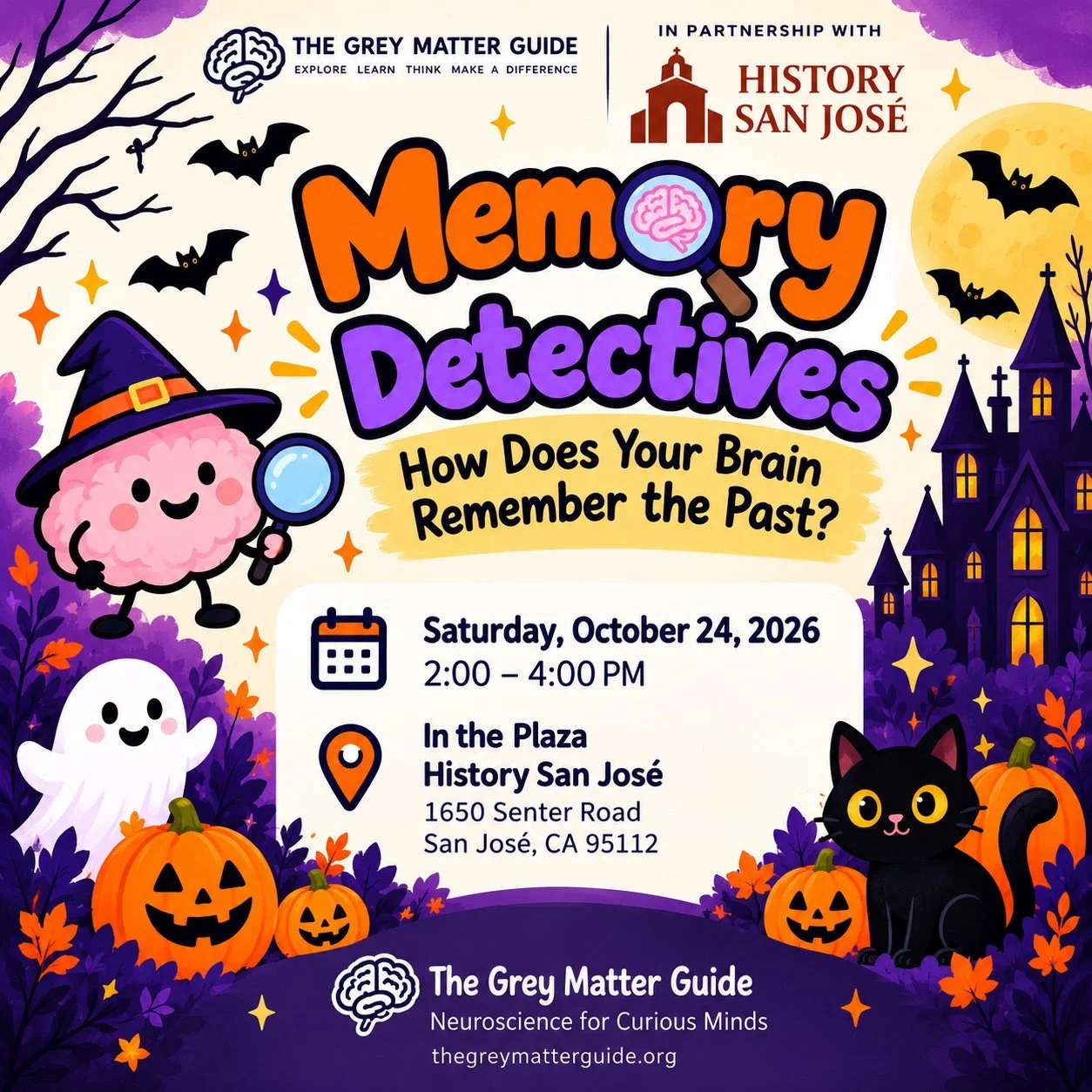 Memory Detectives Halloween event flyer: Saturday, October 24, 2026, 2–4 p.m., in the Plaza at History San Jose, 1650 Senter Road, San Jose.