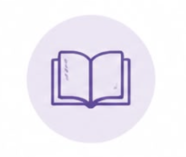 Icon of an open book with purple outline on a light purple background.