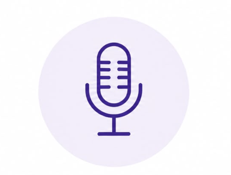 Icon of a microphone in purple on a light background.