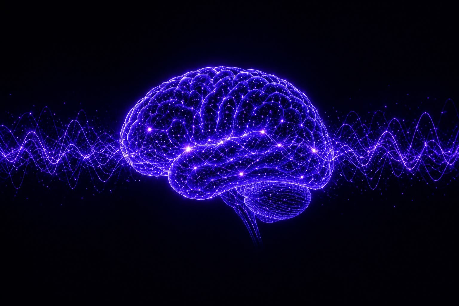 Digital illustration of a human brain with glowing purple lines and nodes, with waveforms extending horizontally across the dark background.