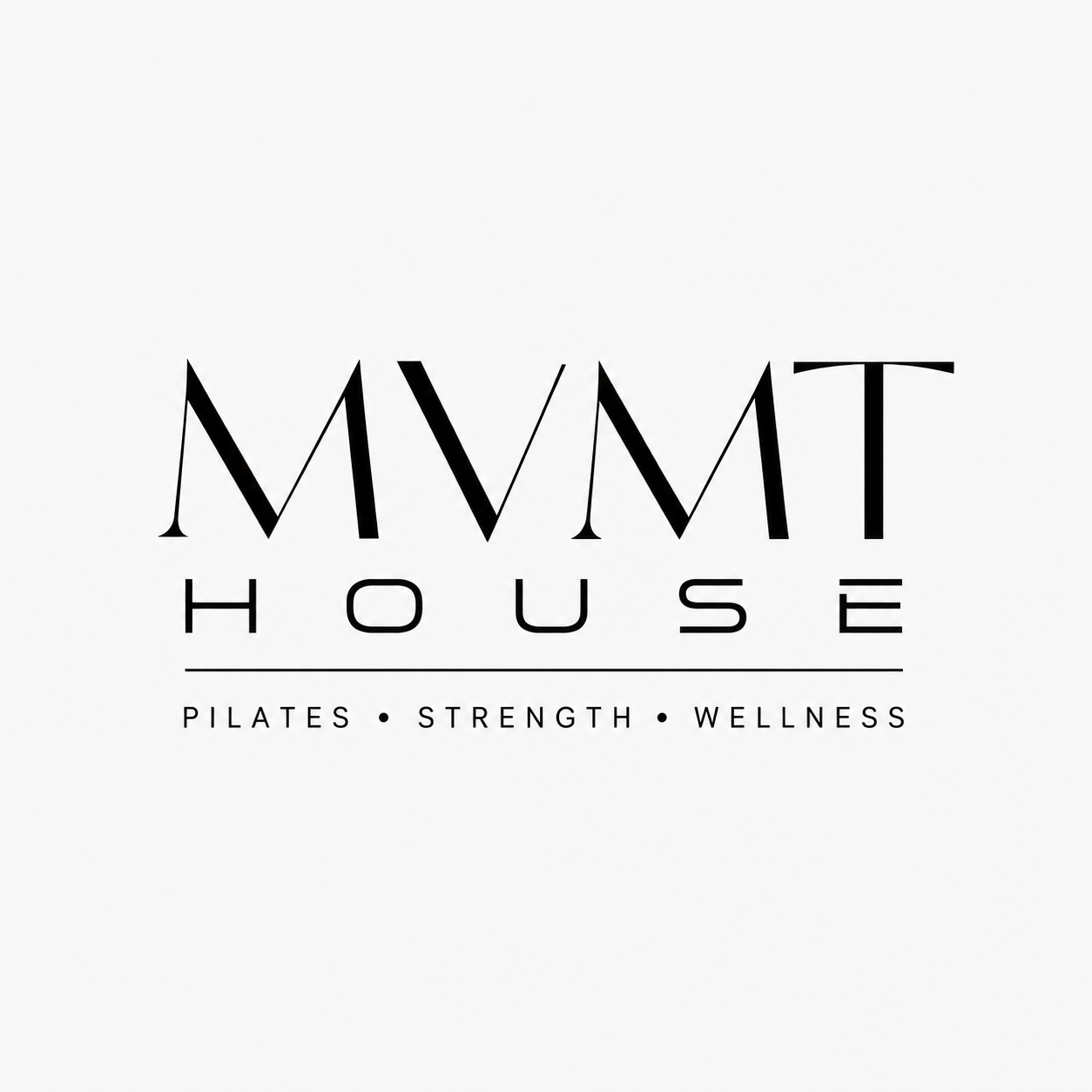 Logo for MVMT House, a Pilates studio offering Reformer, Exochair, Springboard, Mat Pilates, Strength, and wellness programs, with stylized text on a white background.