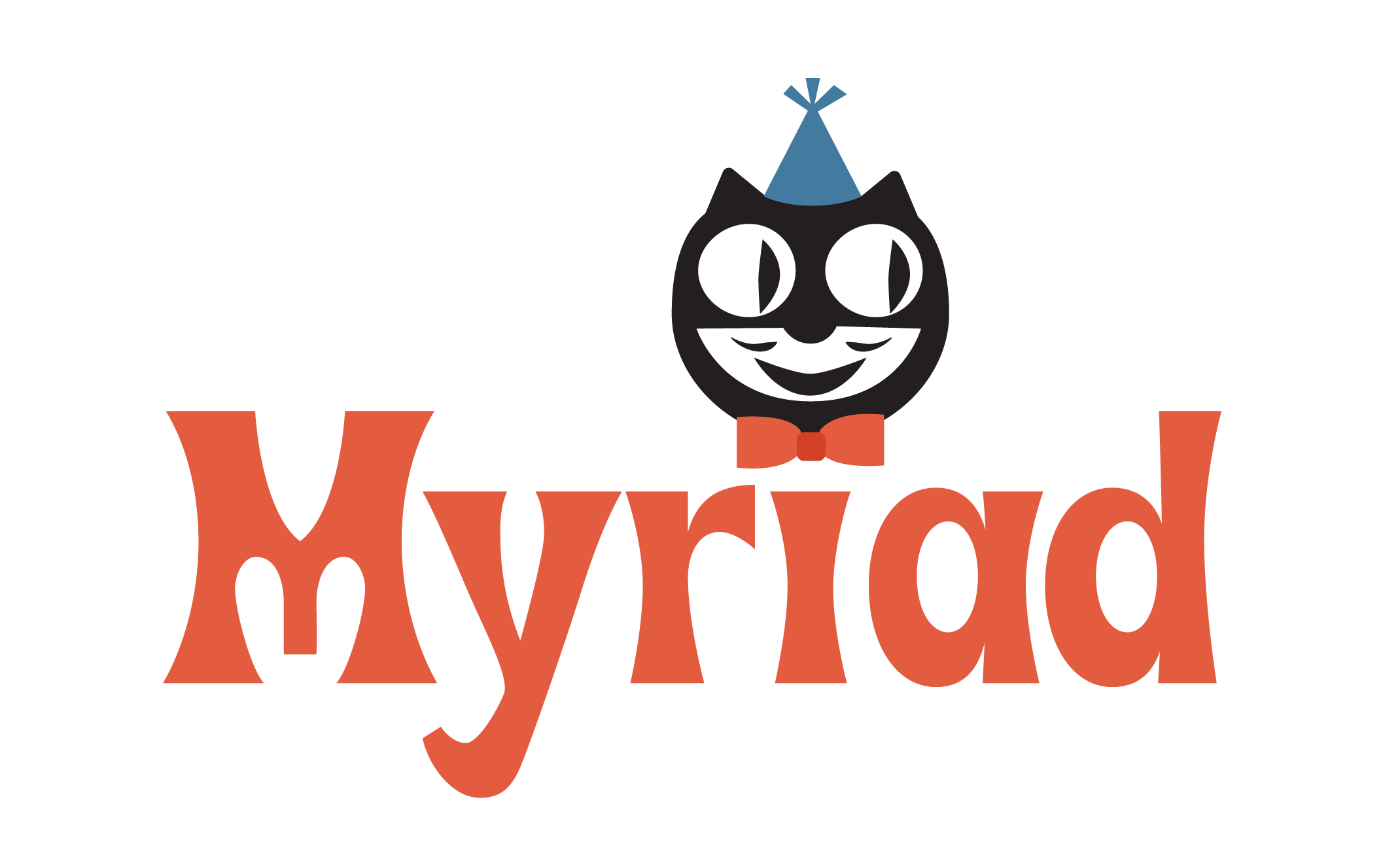 Logo image: Cute black cat with white eyes, wearing a blue party hat and red bow tie, above Myriad McQuade's "Myriad" logo.