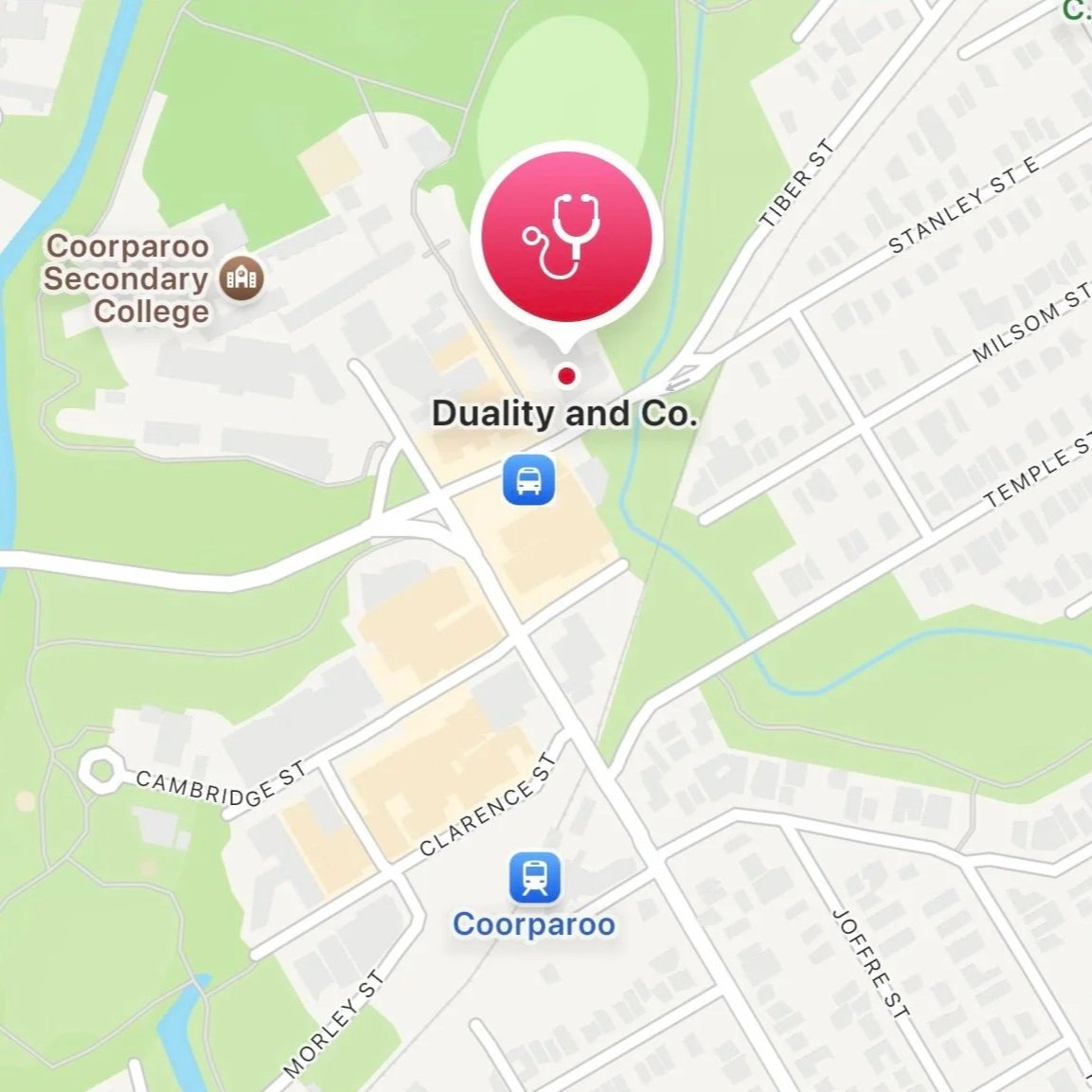 Map showing the location of Duality and Co., with nearby streets and bus stops, including Coorparoo Secondary College.