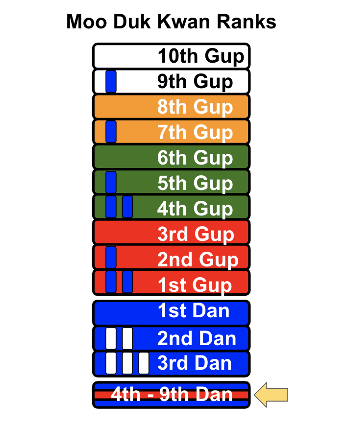 Chart showing Moo Duk Kwan ranks with colored bars and blue stripes indicating levels from 1st Gup to 9th Dan.