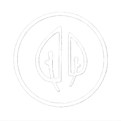 A white logo resembling a stylized face or abstract design on a black background.