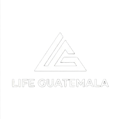 Black background with white logo featuring geometric mountain shapes and text 'LIFE GUATEMALA'.
