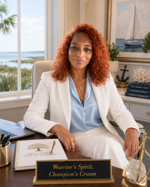 A woman with red curly hair sitting at a desk in a bright office, with a view of water and trees outside the window. She is wearing a white blazer over a light blue shirt and has a cross necklace. The desk has a notebook, a pen holder, and a plaque that reads "Warrior's Spirit, Champion's Crown." There is a nautical-themed painting on the wall and various decorative items on the desk.