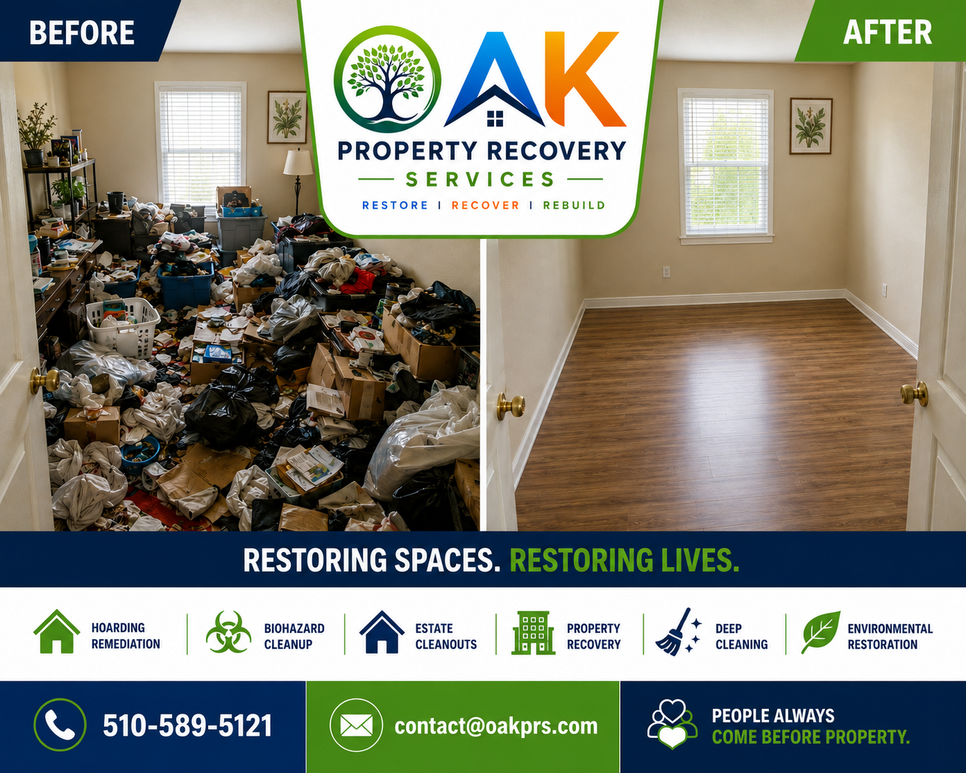 Before and after images of a room, with the before showing a cluttered, messy space filled with boxes, bags, and household items, and the after showing a clean, empty room with wooden flooring and two windows. The advertisement is for Oakland Property Recovery Services, highlighting services such as hoarding remediation, biohazard cleanup, estate cleanouts, property recovery, deep cleaning, and environmental restoration.