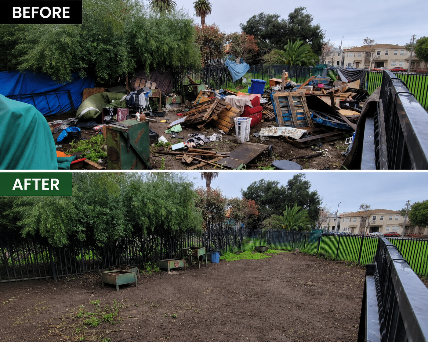 Comparison of outdoor yard area before and after cleanup; the top image depicts clutter and debris, while the bottom image shows the same area cleared and tidy.