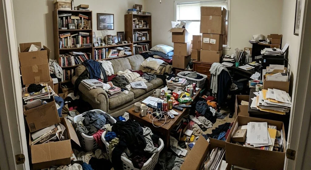 A cluttered living room with a mess of clothes, papers, and boxes scattered around. A sofa is covered with various items, and bookshelves are filled with books and framed photos. There is a stack of cardboard boxes near the window and a table piled with food containers, cups, and electronics.