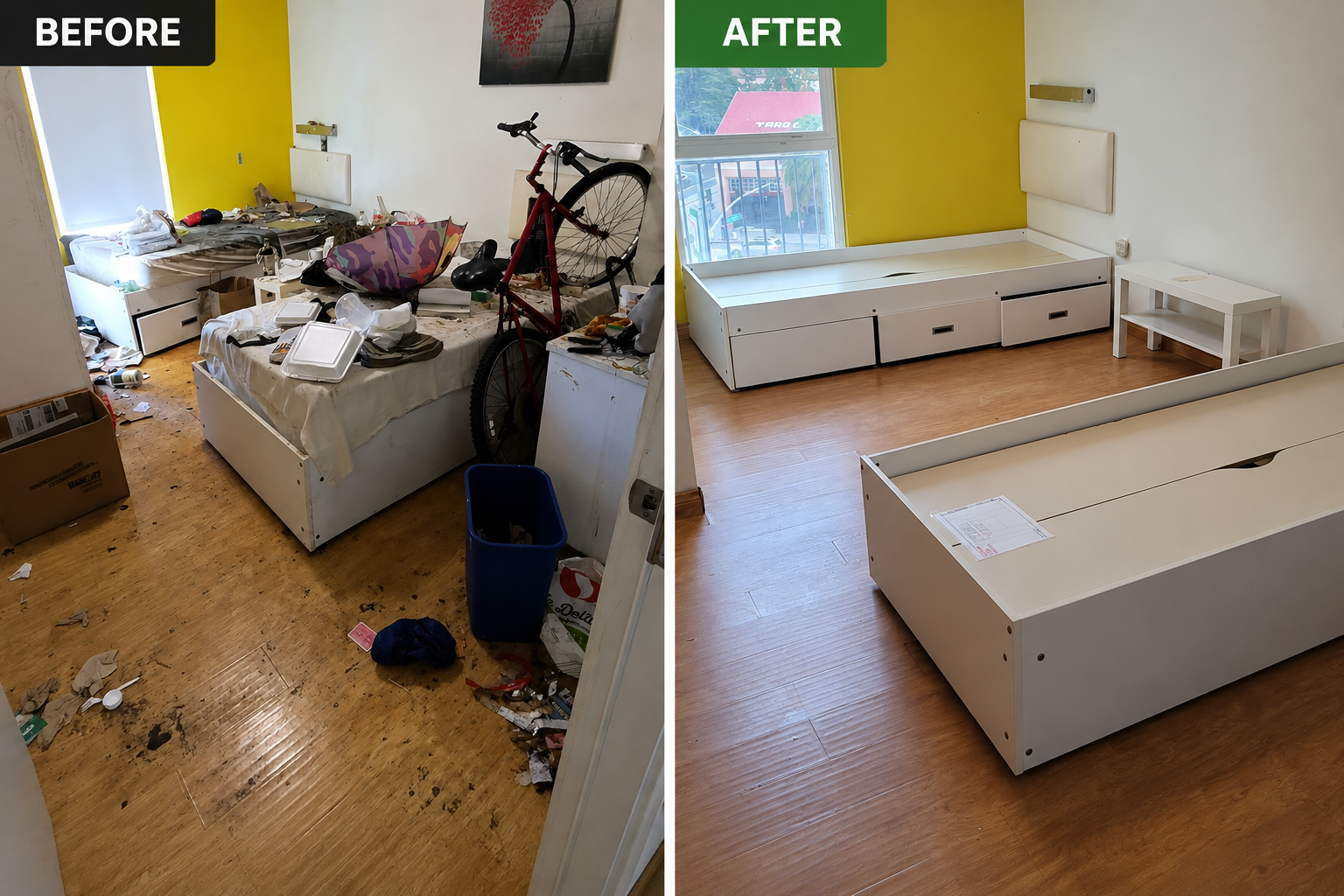 Comparison of a messy, cluttered bedroom before cleaning and a clean, organized bedroom after cleaning.