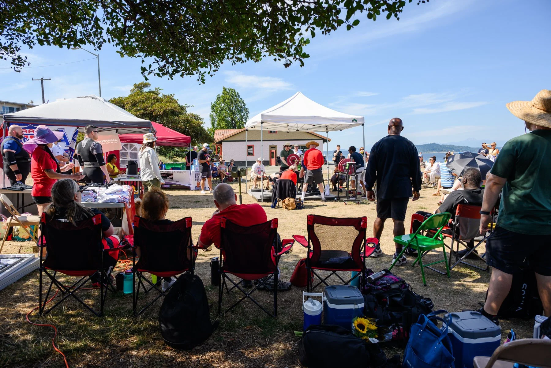 View of general scene at Alki Beach powerlifting tournament hosted by Columbia City Fitness.