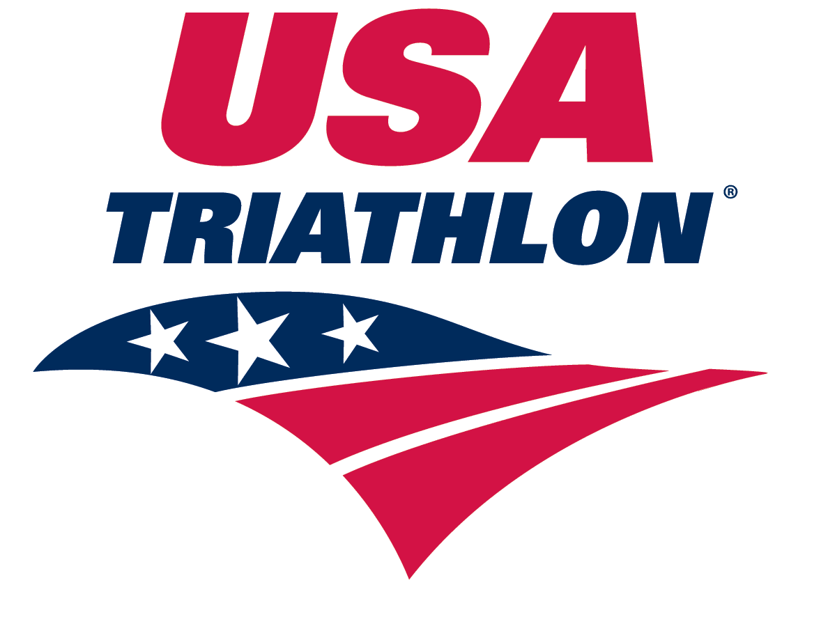 Logo for USA Triathlon with red, white, and blue colors, stars, and stripes.
