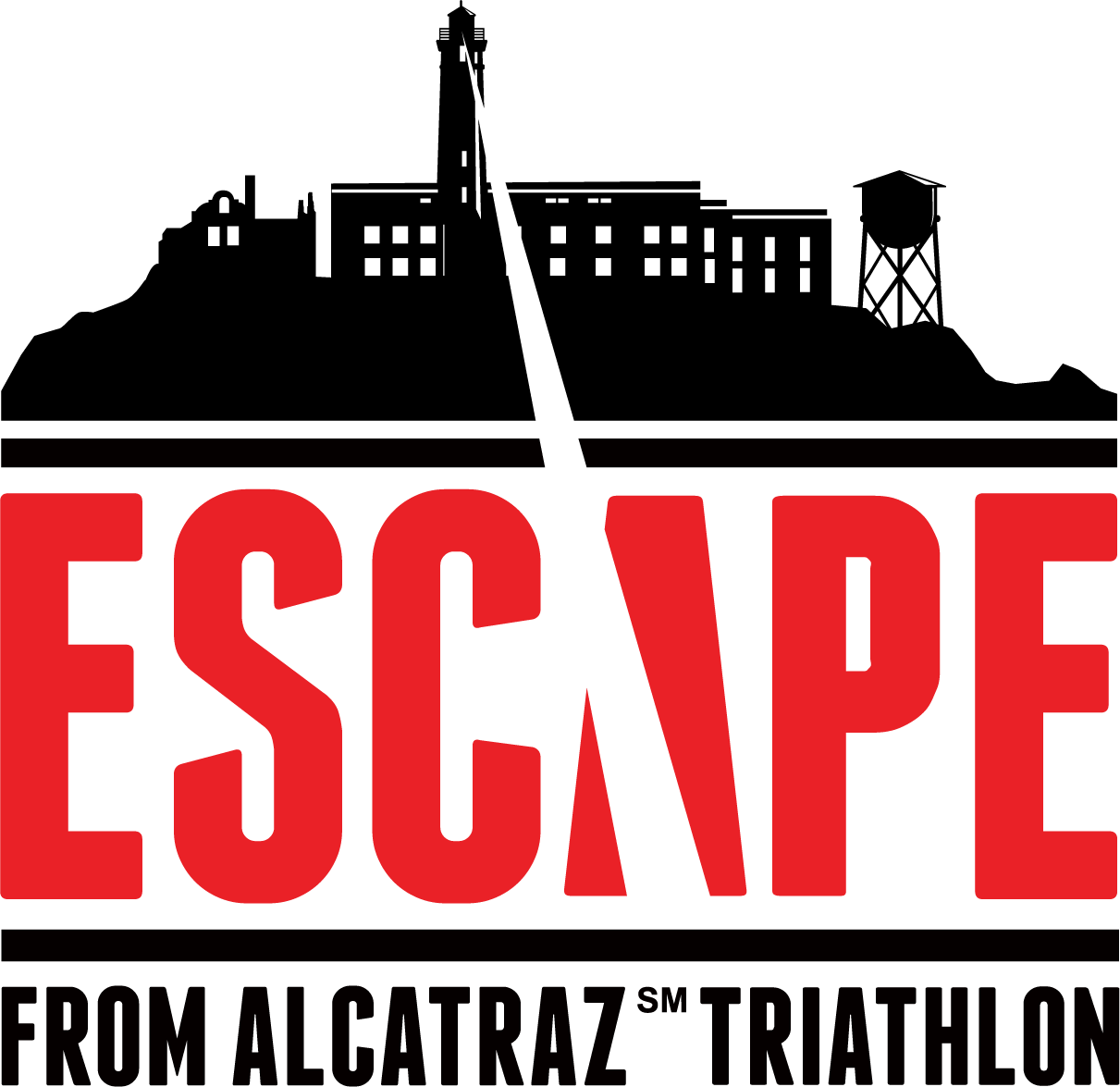 Logo for 'Escape from Alcatraz Triathlon' featuring a silhouetted swimmer, cyclist, and runner above the bold red text 'ESCAPE' with the smaller black text 'from Alcatraz Triathlon' below.