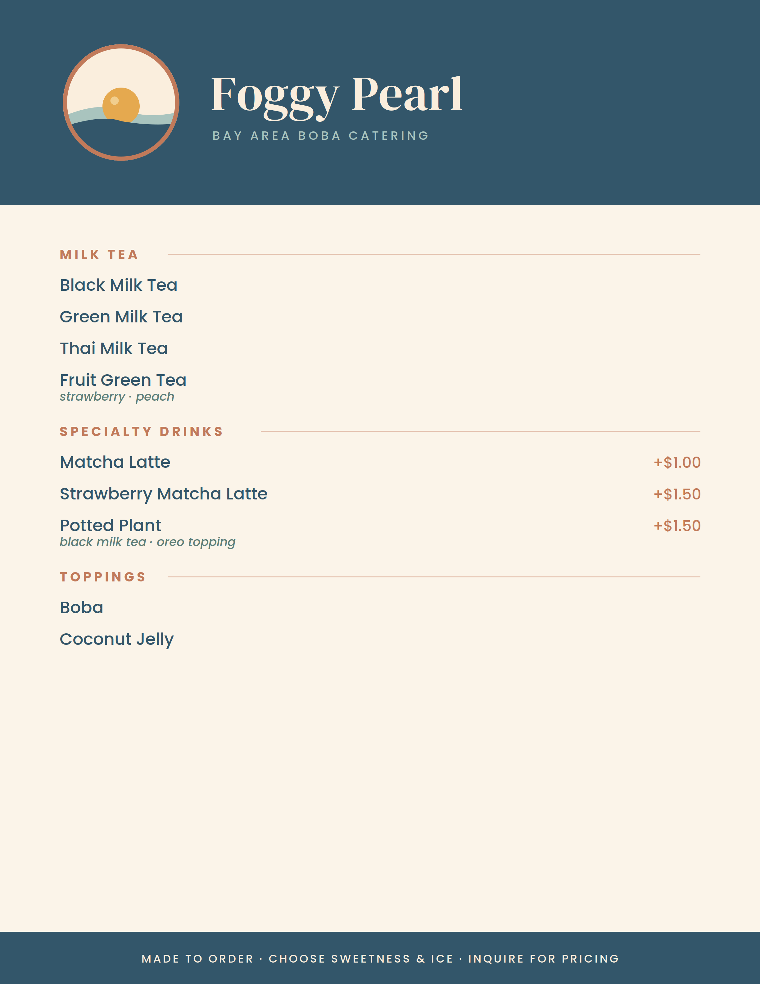 The menu for Foggy Pearl, a Bay Area boba cafe, with drinks including various milk teas, specialty drinks like matcha latte, strawberry matcha latte, potted plant, and toppings such as boba and coconut jelly. The bottom also has a note about ordering and inquiries.