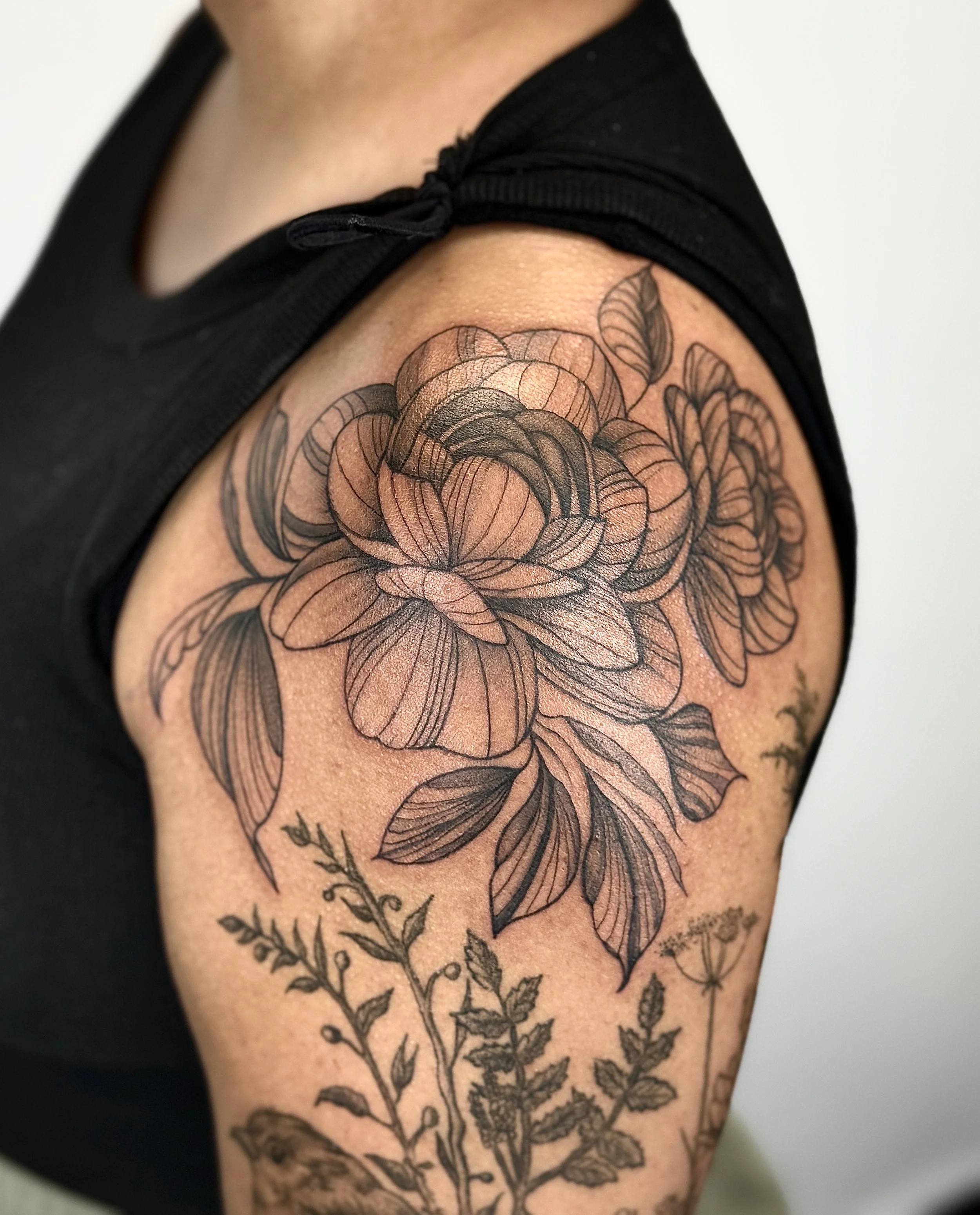 A close-up of a person's shoulder and upper arm featuring a detailed black and gray floral tattoo with roses and various leaves, with a black sleeveless shirt.